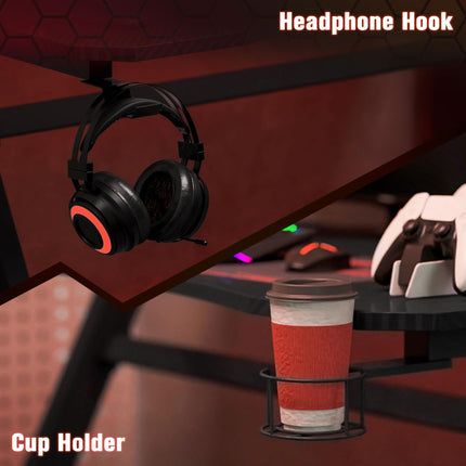 Gaming Desk with Steel Frame, Cup Holder, Headphone Hook, Adjustable Feet & Cable Organiser - Black