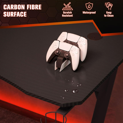 Gaming Desk with Steel Frame, Cup Holder, Headphone Hook, Adjustable Feet & Cable Organiser - Black