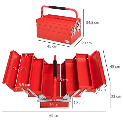 Professional 3 Tier 5 Tray Metal Cantilever Toolbox 45x22.5x34.5cm - Red