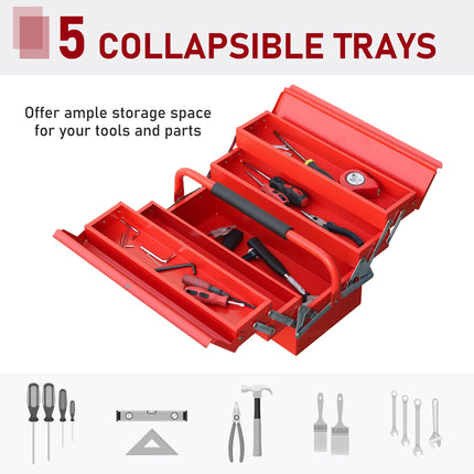 Professional 3 Tier 5 Tray Metal Cantilever Toolbox 45x22.5x34.5cm - Red