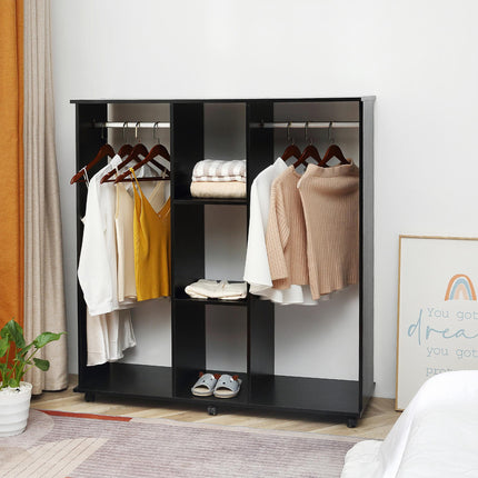 Double Open Wardrobe with 3 Shelves and Wheels - Black