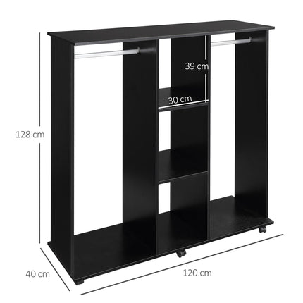 Double Open Wardrobe with 3 Shelves and Wheels - Black