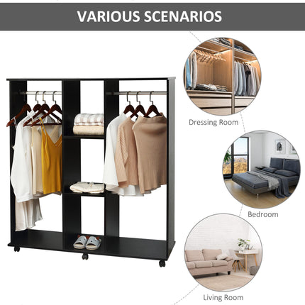 Double Open Wardrobe with 3 Shelves and Wheels - Black