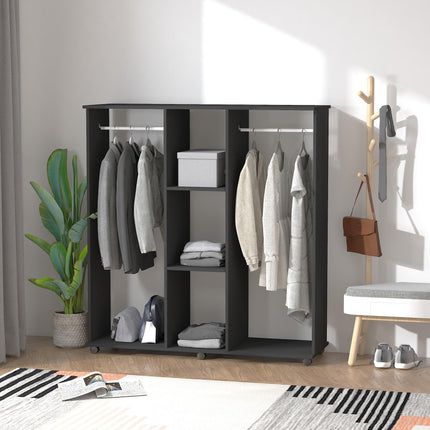 Double Open Wardrobe with 3 Shelves and Wheels - Black