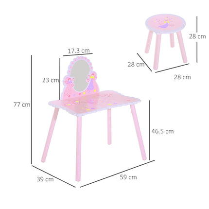 Wooden Kids Dressing Table and Stool Set 2 Piece - Pink