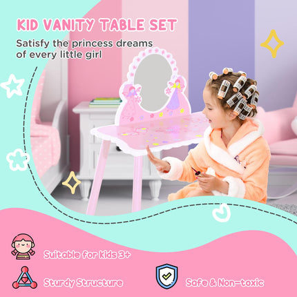 Wooden Kids Dressing Table and Stool Set 2 Piece - Pink