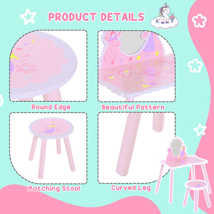 Wooden Kids Dressing Table and Stool Set 2 Piece - Pink
