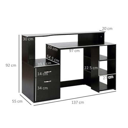 Modern Computer Desk with Storage Drawers, Shelves & Printer Rack PC Table - Black