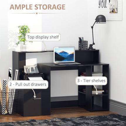 Modern Computer Desk with Storage Drawers, Shelves & Printer Rack PC Table - Black