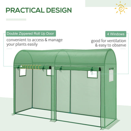 Tomato Growth Greenhouse with Double Doors & 4 Windows, Steel Frame, PE Cover 3L x 1W x 2H m - Green