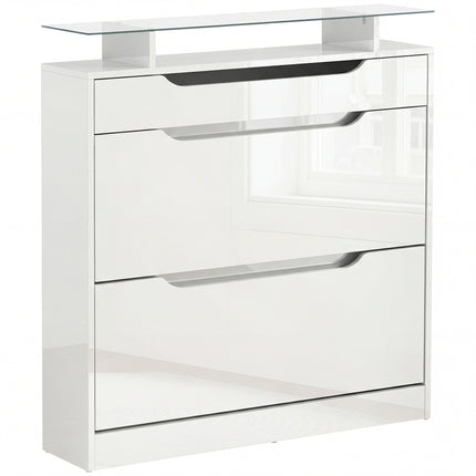 Shoe Cabinet with 3 Drawers, Flip Door, Adjustable Shelf, Glass Top High Gloss Storage Cupboard for 14 Pairs - White