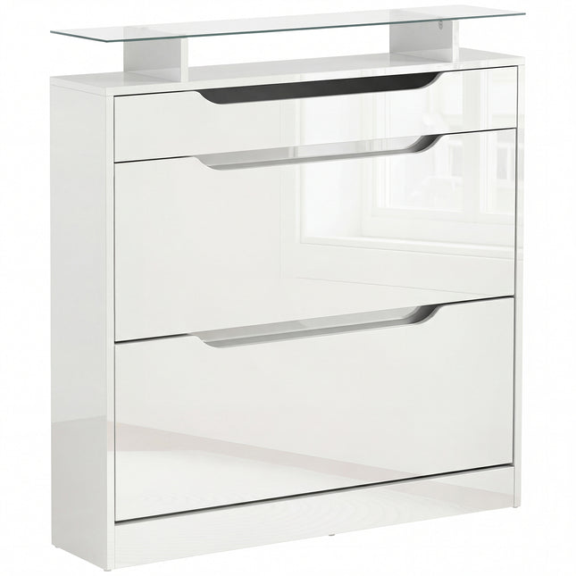 Shoe Cabinet with 3 Drawers, Flip Door, Adjustable Shelf, Glass Top High Gloss Storage Cupboard for 14 Pairs - White