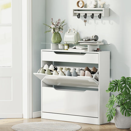 Shoe Cabinet with 3 Drawers, Flip Door, Adjustable Shelf, Glass Top High Gloss Storage Cupboard for 14 Pairs - White