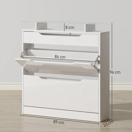 Shoe Cabinet with 3 Drawers, Flip Door, Adjustable Shelf, Glass Top High Gloss Storage Cupboard for 14 Pairs - White