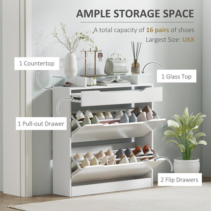 Shoe Cabinet with 3 Drawers, Flip Door, Adjustable Shelf, Glass Top High Gloss Storage Cupboard for 14 Pairs - White