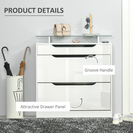 Shoe Cabinet with 3 Drawers, Flip Door, Adjustable Shelf, Glass Top High Gloss Storage Cupboard for 14 Pairs - White