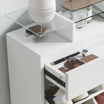 Shoe Cabinet with 3 Drawers, Flip Door, Adjustable Shelf, Glass Top High Gloss Storage Cupboard for 14 Pairs - White