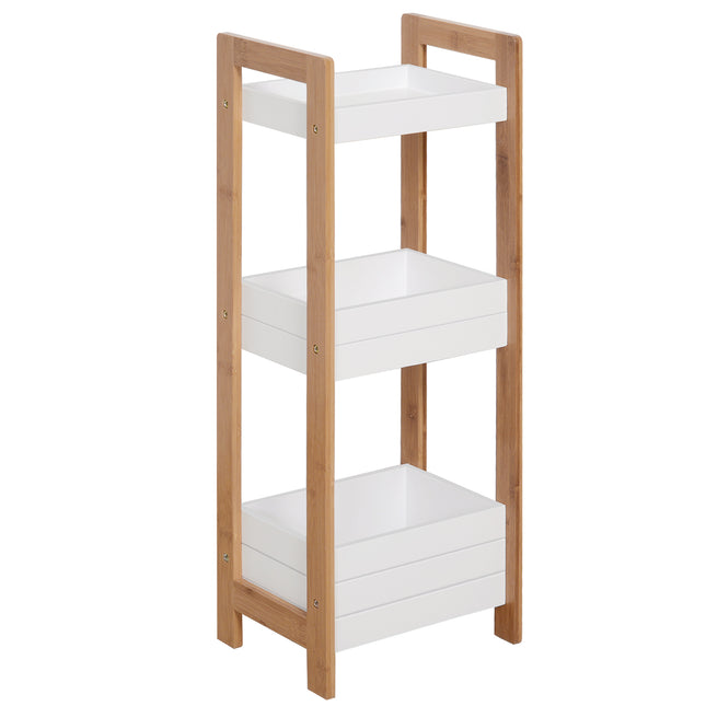 3-Tier Bamboo Bathroom Storage Rack Shelf for Narrow Spaces - White & Bamboo