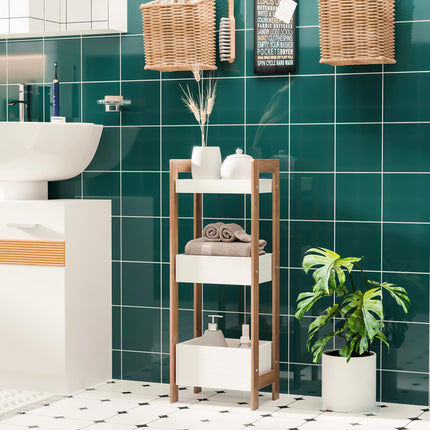 3-Tier Bamboo Bathroom Storage Rack Shelf for Narrow Spaces - White & Bamboo