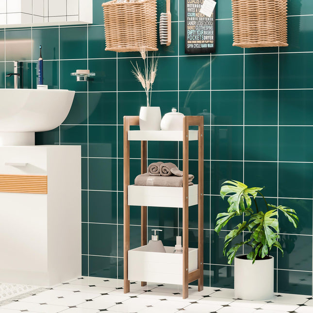 3-Tier Bamboo Bathroom Storage Rack Shelf for Narrow Spaces - White & Bamboo