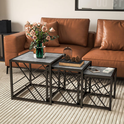 Set of 3 Square Nesting Side Tables with Black Metal Frame - Grey