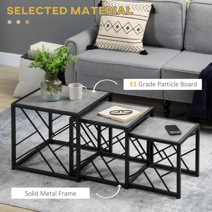 Set of 3 Square Nesting Side Tables with Black Metal Frame - Grey
