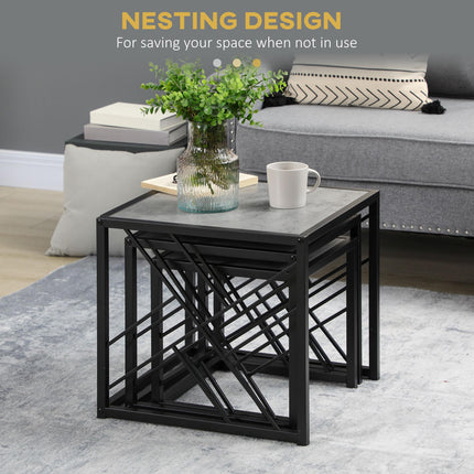 Set of 3 Square Nesting Side Tables with Black Metal Frame - Grey