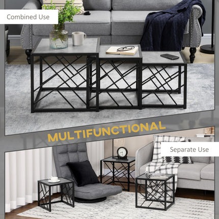 Set of 3 Square Nesting Side Tables with Black Metal Frame - Grey