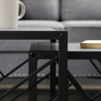 Set of 3 Square Nesting Side Tables with Black Metal Frame - Grey