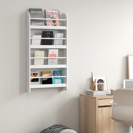 Wood Wall-Mounted 4-Tier Magazine & Book Rack Shelf Space Saving Design - White