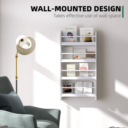 Wood Wall-Mounted 4-Tier Magazine & Book Rack Shelf Space Saving Design - White