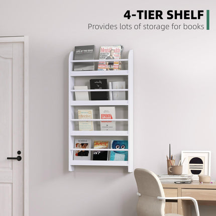 Wood Wall-Mounted 4-Tier Magazine & Book Rack Shelf Space Saving Design - White