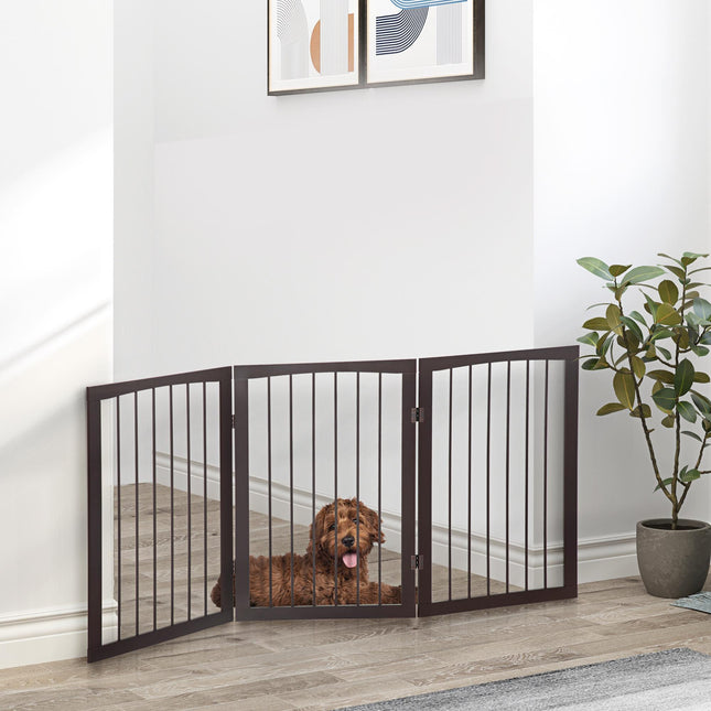 Folding 3 Panel Freestanding Pet Gate Portable Dog Fence Safety Barrier - Dark Brown