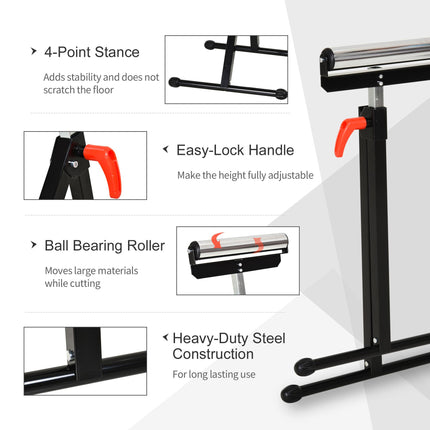 Folding Adjustable Roller Support Stand with Ball Bearing - Black
