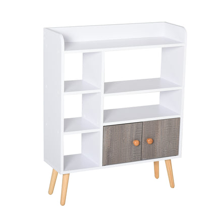 Multi-Shelf Modern Bookcase with Cabinet and Wood Legs 6 Shelves Freestanding Storage - White