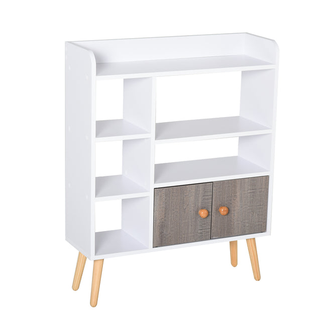 Multi-Shelf Modern Bookcase with Cabinet and Wood Legs 6 Shelves Freestanding Storage - White