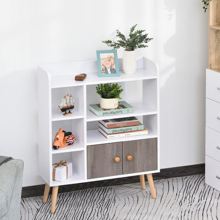 Multi-Shelf Modern Bookcase with Cabinet and Wood Legs 6 Shelves Freestanding Storage - White