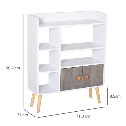 Multi-Shelf Modern Bookcase with Cabinet and Wood Legs 6 Shelves Freestanding Storage - White