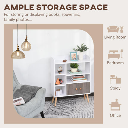 Multi-Shelf Modern Bookcase with Cabinet and Wood Legs 6 Shelves Freestanding Storage - White