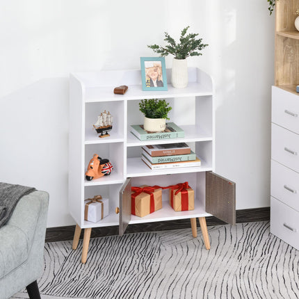 Multi-Shelf Modern Bookcase with Cabinet and Wood Legs 6 Shelves Freestanding Storage - White