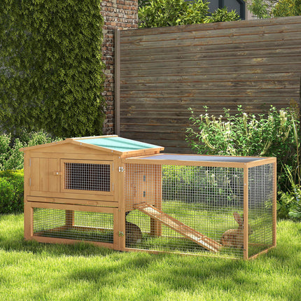 2 Floor Wooden Rabbit Hutch with Run 158x58x68 cm for Outdoor Garden Backyard - Natural