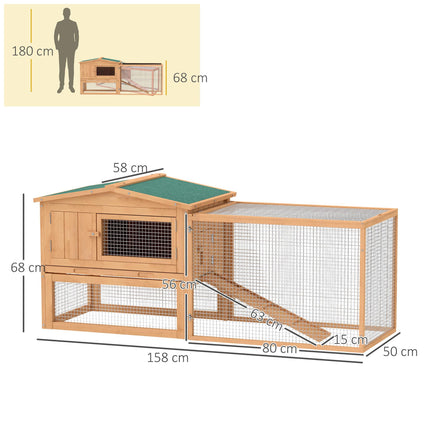 2 Floor Wooden Rabbit Hutch with Run 158x58x68 cm for Outdoor Garden Backyard - Natural