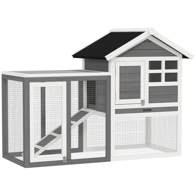 2 Tier Wooden Rabbit & Guinea Pig Hutch with Ramp and Pull-Out Tray 123.5x62.6x92.5 cm - Grey and White