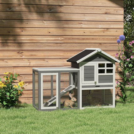 2 Tier Wooden Rabbit & Guinea Pig Hutch with Ramp and Pull-Out Tray 123.5x62.6x92.5 cm - Grey and White