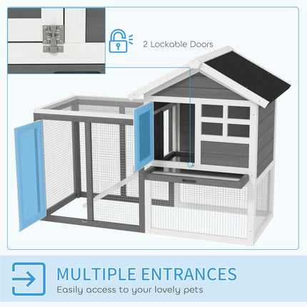 2 Tier Wooden Rabbit & Guinea Pig Hutch with Ramp and Pull-Out Tray 123.5x62.6x92.5 cm - Grey and White