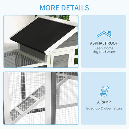 2 Tier Wooden Rabbit & Guinea Pig Hutch with Ramp and Pull-Out Tray 123.5x62.6x92.5 cm - Grey and White