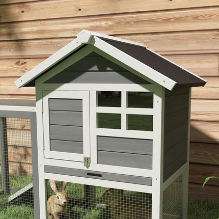 2 Tier Wooden Rabbit & Guinea Pig Hutch with Ramp and Pull-Out Tray 123.5x62.6x92.5 cm - Grey and White