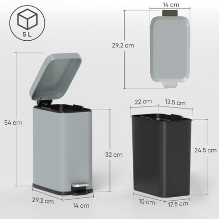5L Rectangular Steel Pedal Bin with Removable Bucket and Quiet-Close Lid - Grey