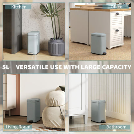 5L Rectangular Steel Pedal Bin with Removable Bucket and Quiet-Close Lid - Grey
