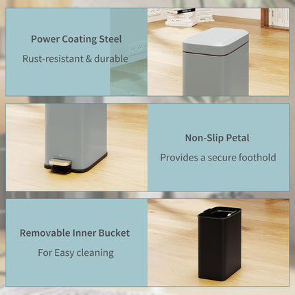 5L Rectangular Steel Pedal Bin with Removable Bucket and Quiet-Close Lid - Grey